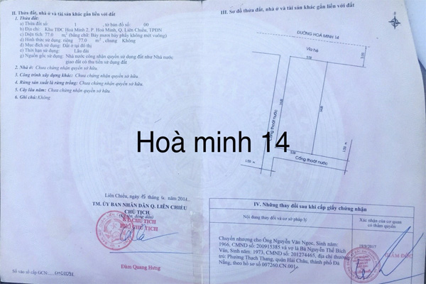 Bán đất Hoà Minh 14 kẹp cống, khu Hoà Minh tây bắc đường 5m5